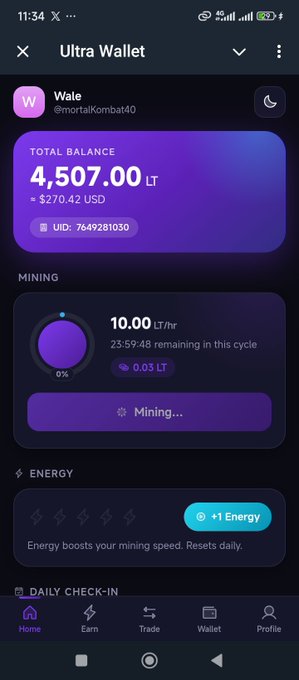 A screenshot of the Ultra Wallet app showing a total balance of 4,507.00 LT (~$270.42 USD) for user @mortalKombat40, with active mining at 10.00 LT/hr and energy levels displayed.