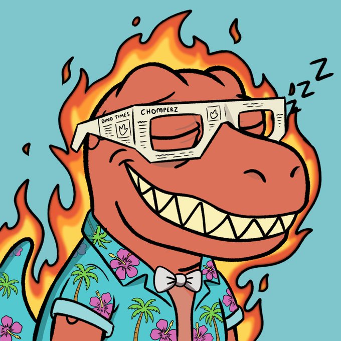 A cartoon NFT-style red dinosaur wearing a Hawaiian shirt, bow tie, and 3D glasses, surrounded by flames with "Zzz" indicating it's sleeping.