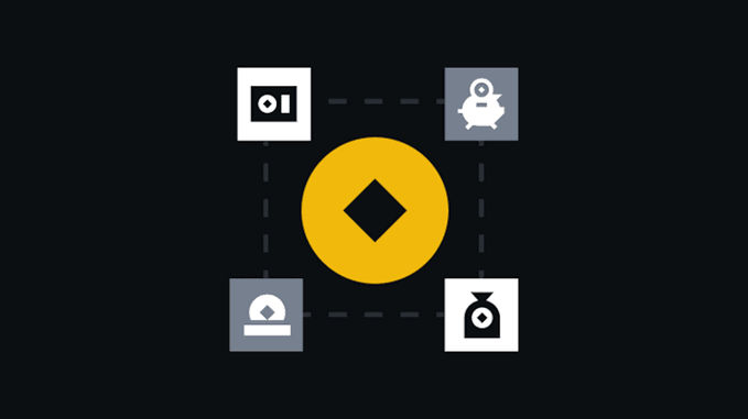A graphic displays four icons (a banknote, a piggy bank, a credit card, and a money bag) connected by dashed lines around a central yellow circle containing a diamond shape.