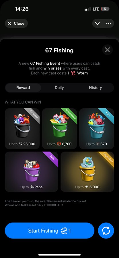 A mobile app interface for a '67 Fishing' event where users catch fish to win prizes using 'Worms', with rewards displayed in buckets ranging from Common (up to 25,000) to Legendary (up to 5,000).
