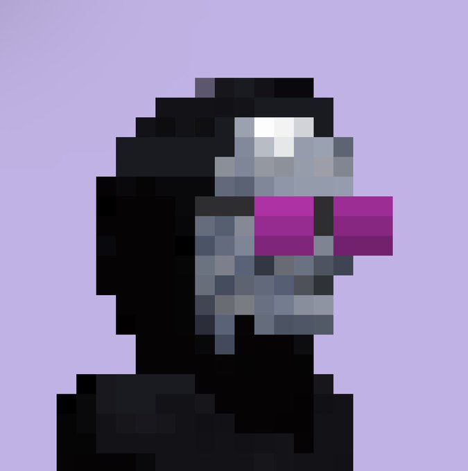 A pixel art style portrait of a hooded figure wearing dark purple sunglasses against a lavender background.