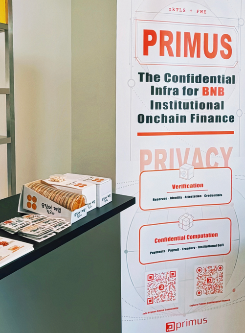A promotional banner for 'PRIMUS - The Confidential Infra for BNB Institutional Onchain Finance' featuring sections on Privacy, Verification, and Confidential Computation, displayed next to a table with cookies and merchandise.