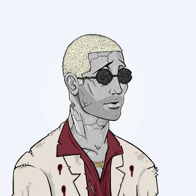 A stylized illustrated portrait of a gray-skinned figure with blonde hair, dark round sunglasses, and a blood-splattered white blazer over a maroon shirt, exemplifying the edgy crypto-punk aesthetic typical of DeGods NFT collectibles promoted in the post.