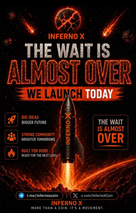 A fiery promotional graphic for "INFERNO X" cryptocurrency announcing "THE WAIT IS ALMOST OVER, WE LAUNCH TODAY," featuring a rocket launching into space with meteors and listing community-focused features.