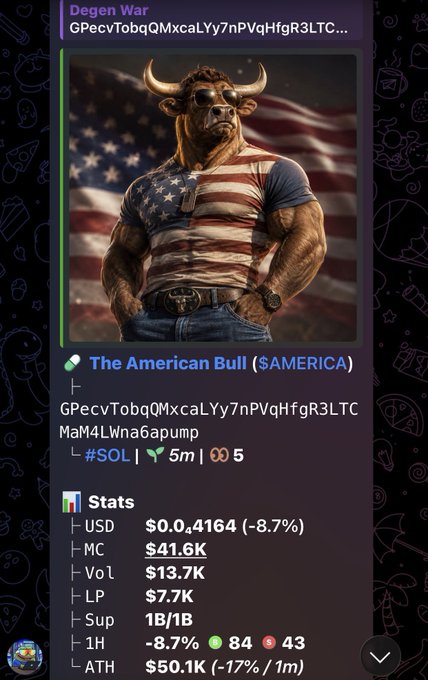 The image shows a memecoin dashboard for "Degen War" featuring an anthropomorphic American Bull character in a US flag tank top and sunglasses, with the token ticker **$AMERICA** (contract address GPecvTobqQMxcaLYy7nPVqHfgR3LTCMaM4LWna6apump) on Solana, priced at $0.4164 (-8.7%) with a $41.6K market cap. The patriotic bull imagery aligns with the post's Solana memecoin promotion, visually branding the token's Americana theme.