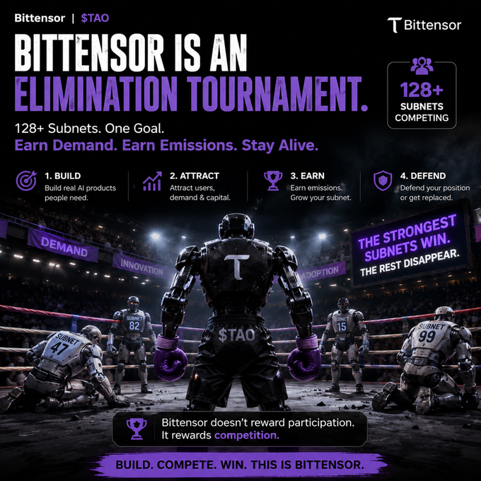 A promotional graphic for 'Bittensor | $TAO' describes it as 'An Elimination Tournament' with '128+ Subnets Competing', featuring robot boxers in a ring and text reading 'Build. Compete. Win.'