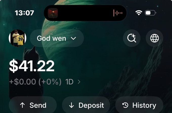 The image shows a digital wallet interface displaying a balance of $41.22 with a username "God wen" and a profile photo of a man wearing a yellow #39 jersey, set against a dark cosmic background with a cat silhouette. The screen features "Send," "Deposit," and "History" buttons at the bottom, aligning with the post about sharing "stimmys" (stimulus payments) with supporters, suggesting this is the wallet being used to distribute funds.