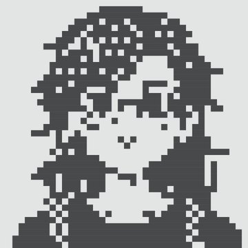 A black-and-white pixel art portrait of a stylized character.