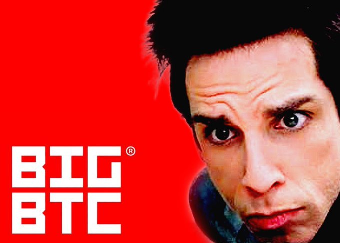 A graphic featuring a man's wide-eyed face on the right with a red background and the white text 'BIG BTC' on the left.