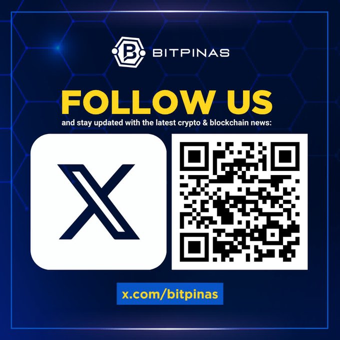 The image is a promotional graphic from BitPinas featuring their hexagonal "B" logo on a blue honeycomb background, with "FOLLOW US and stay updated with the latest crypto & blockchain news:" displayed prominently above a large X (formerly Twitter) icon and a scannable QR code linking to x.com/bitpinas. The graphic directly supports the accompanying post by encouraging viewers to follow BitPinas on X for crypto and blockchain updates from the Philippines and around the world.