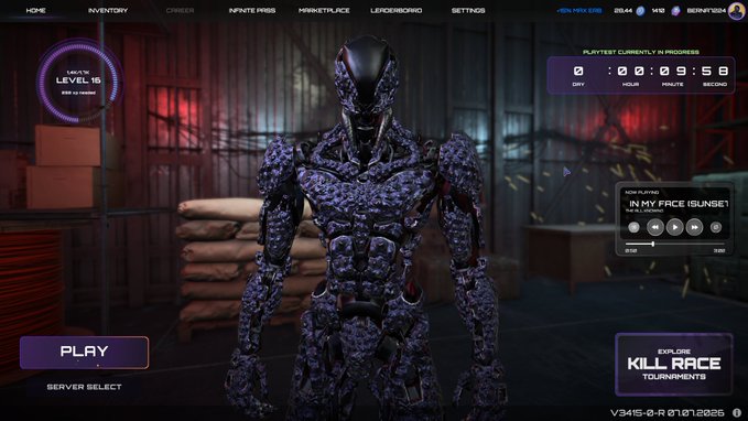 Video game main menu screen showing a black armored character in a warehouse setting, with navigation tabs (HOME, INVENTORY, CAREER, INFINITE PASS, MARKETPLACE, LEADERBOARD, SETTINGS), Level 16 indicator, a 9:58 countdown timer, and 'KILL RACE TOURNAMENTS' button.