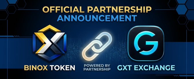 An 'Official Partnership Announcement' banner between BINOX TOKEN and GXT Exchange, powered by partnerships, displayed with gold and teal logos on a dark blue hexagonal background.
