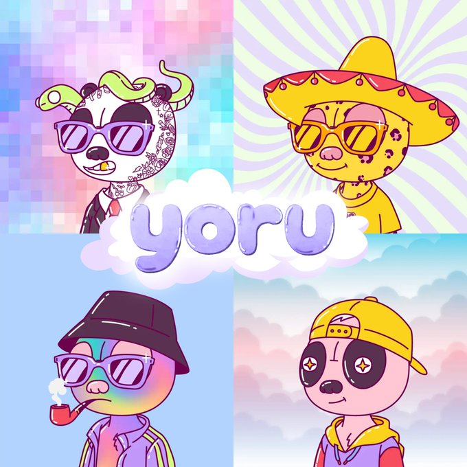 In this image, there are four cartoon characters wearing sunglasses and hats, each posing for the camera with a unique style. The character on the left is wearing black sunglasses and glasses and has an umbrella above their head. The middle character is wearing yellow sunglasses with a matching hat that covers half of their face. The right character is wearing orange sunglasses and a matching yellow hat. The bottom right character is also wearing yellow sunglasses, but they are holding something in their hand or placing it on their head. 

This image appears to be part of a post by the #FlareNetwork, which has been linked with NFTs (NotibleFTs). Users can explore this network for various digital goods and collectable items created by artists like these four characters wearing sunglasses and hats.