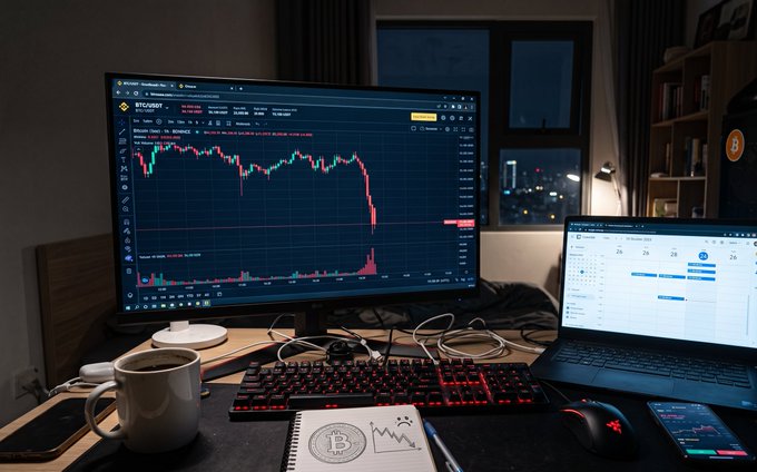 A nighttime trading setup featuring a Bitcoin (BTCUSDT) chart showing a sharp decline, a laptop with a calendar, a coffee mug, and a Bitcoin-themed notebook on the desk.