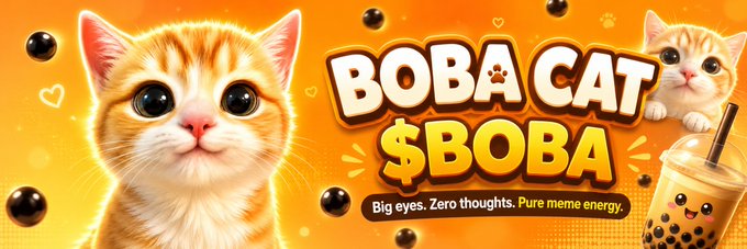 A bright orange promotional banner for 'BOBA CAT $BOBA' featuring a cute orange tabby kitten and the tagline 'Big eyes. Zero thoughts. Pure meme energy.'