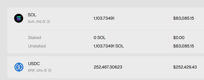 Cryptocurrency wallet balance showing 1,103.73491 SOL (Sol) valued at $83,085.15, with 0 staked, and 252,467.30623 USDC (EPjF...Dttv) valued at $252,429.43.
