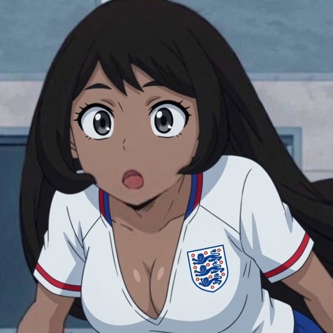 The image features an anime-style woman with a surprised expression, wearing a white England soccer jersey with the Three Lions crest visible on the chest. The post "it's coming home" refers to the popular English football chant expressing hope that the England national team will win a major tournament.