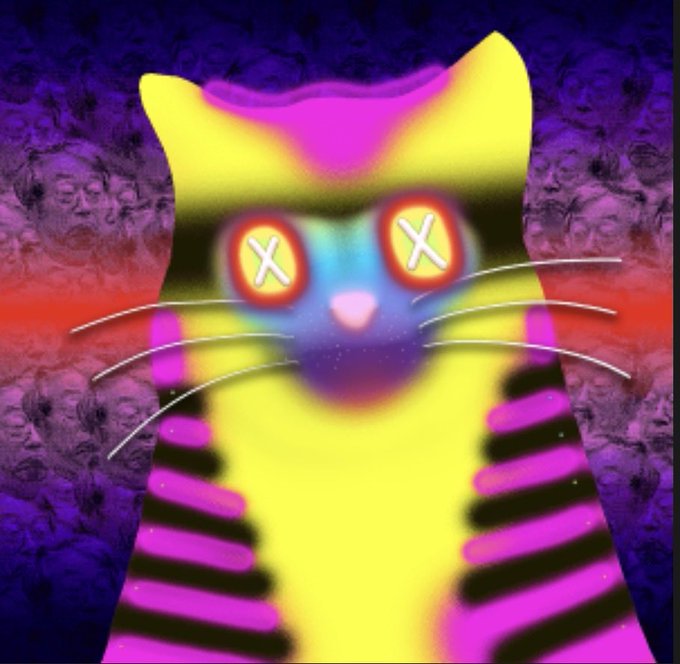 A psychedelic digital art piece featuring a stylized yellow and purple cat with X-shaped eyes against a vibrant, trippy background with faint faces.
