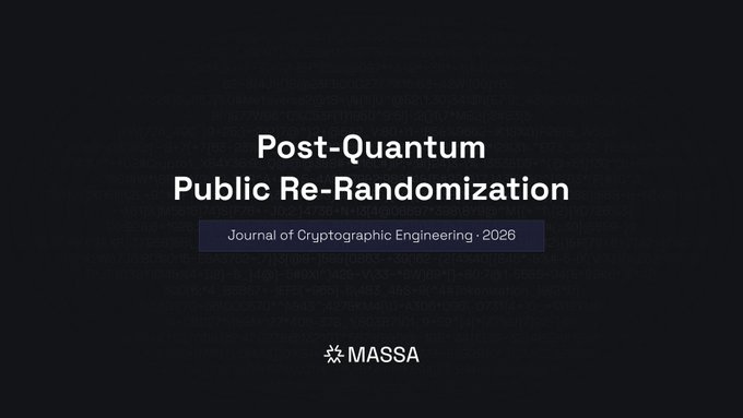 The image is a dark title slide reading "Post-Quantum Public Re-Randomization," published in the *Journal of Cryptographic Engineering · 2026*, with the "MASSA" logo at the bottom. It visually introduces the academic paper referenced in the post, which describes a mobile-friendly post-quantum cryptographic primitive enabling anyone to re-randomize ciphertexts for enhanced journalist safety at borders.