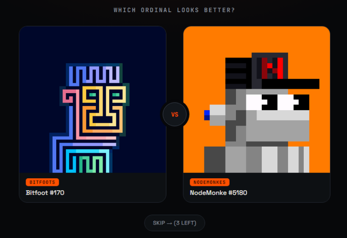 A comparison interface titled 'WHICH ORDINAL LOOKS BETTER?' showing two pixel art items: 'Bitfoot #170' on a dark blue background and 'NodeMonke #5180' on an orange background.
