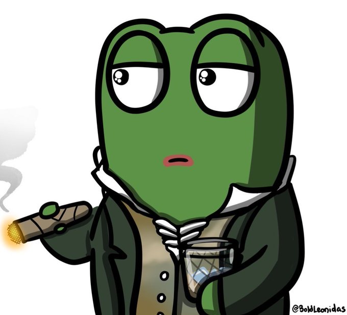 A cartoon frog character dressed in formal attire holds a cigar and a drink, with the artist signature "@BoldLeonidas" visible in the bottom right corner, likely representing the NFT collection referenced in the post as a desired PFP replacement.