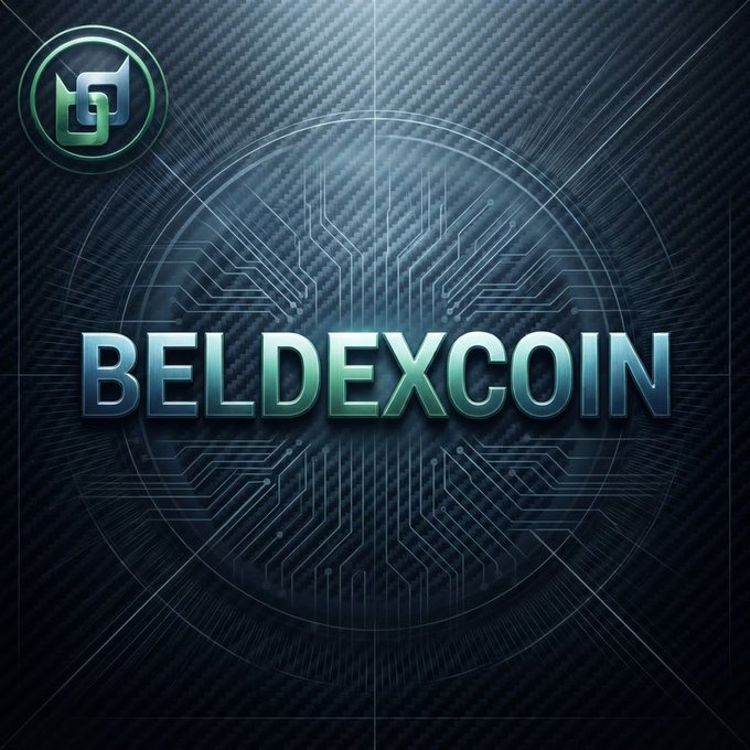 Digital promotional artwork for 'BELDEXCOIN' featuring a green circular logo on a dark blue circuit-board patterned background.