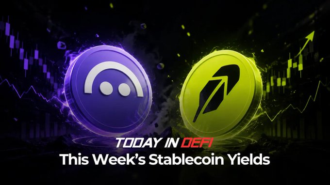A 'TODAY IN DEFI' graphic titled 'This Week's Stablecoin Yields' featuring purple and yellow cryptocurrency coins with financial chart elements.