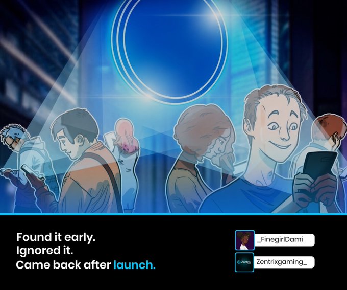 An illustration showing people looking at phones with the caption 'Found it early. Ignored it. Came back after launch.' with usernames _FinegirlDami_ and Zentrixgaming_ visible.