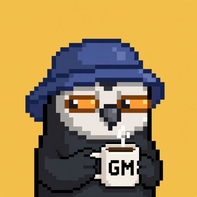 A pixel art illustration of a character wearing a blue bucket hat and orange sunglasses, holding a coffee mug labeled "GM" against a yellow background.