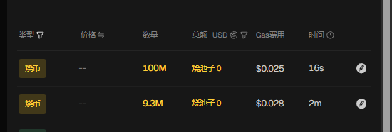 A dark-themed cryptocurrency or trading interface displaying columns in Chinese with headers including 类型 (Type), 价格 (Price), 数量 (Quantity), 总额 USD (Total USD), Gas费用 (Gas Fee), and 时间 (Time), showing two entries with values 100M and 9.3M.