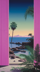 A view through open pink curtains looking out at a tropical beach scene with palm trees, ocean, and sunset.