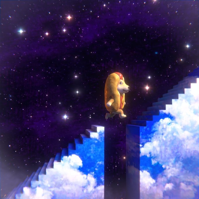 A surreal digital artwork features a figure in a hot dog bun costume leaping between pixelated cloud staircases against a starry purple sky.