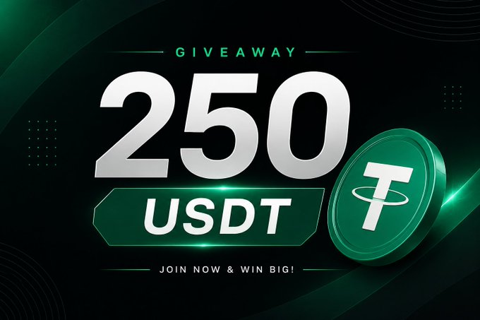 A digital promotional graphic for a "GIVEAWAY" of "250 USDT", featuring a green Tether coin illustration against a dark green background with the text "JOIN NOW & WIN BIG!".