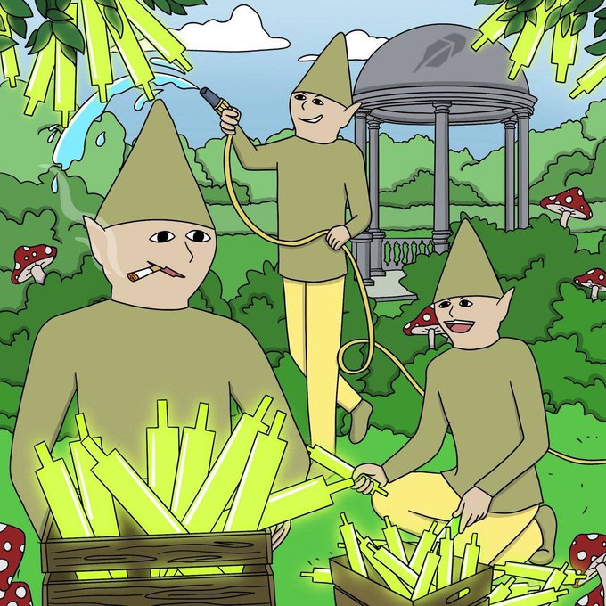 A cartoon illustration depicts three gnomes in pointed hats tending to a garden of glowing yellow-green stalks, with one gnome watering the plants while the others collect the harvest into wooden crates, all set against a backdrop of mushrooms, greenery, and a domed gazebo. The image visually represents the whimsical "GNOME CHILD" meme coin theme referenced in the post, tying the iconic gnome imagery to the project being teased on Telegram and X (formerly Twitter).
