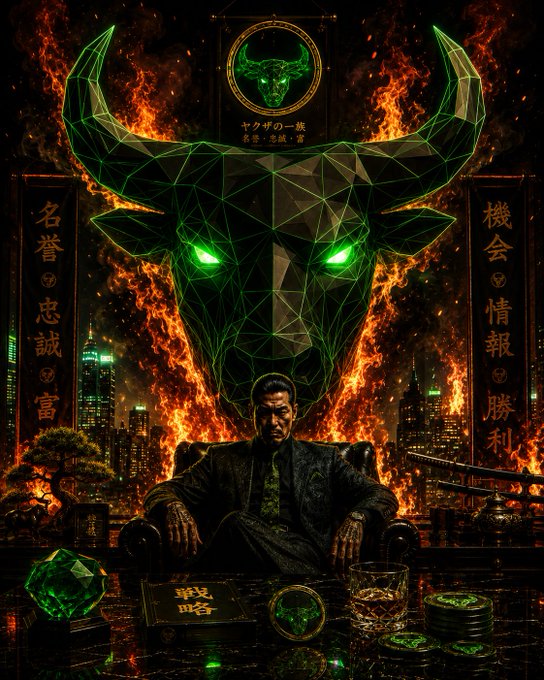 A stylized image features a glowing green wireframe bull head with piercing eyes emerging from flames above a suited man seated in a chair, surrounded by cityscapes, green gemstones, and Asian characters including "名誉・忠誠・富" (Honor, Loyalty, Wealth) and "機會・情報・勝利" (Opportunity, Information, Victory), with a small plaque reading "戦略" (Strategy)—visually reinforcing the "GM Bulls" post about bullish market gains and winning trades.