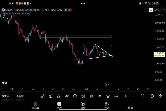 A mobile TradingView chart showing SNDK (SanDisk Corporation) on the NASDAQ at 1,256.61 USD with a 4-hour timeframe, displaying a downtrend pattern with technical analysis drawings including trendlines and resistance levels. The caption reflects the post's sentiment of exhaustion from watching the stock's volatile and seemingly drawn-out price action.