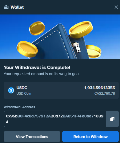 A screenshot of a Stake wallet withdrawal confirmation showing a successful USDC (USD Coin) withdrawal of 1,934.59613355 USDC (CA$2,760.78) to the Ethereum address 0x95bB0F4c8d757912A20d72BA851F4Fd0ba718394.