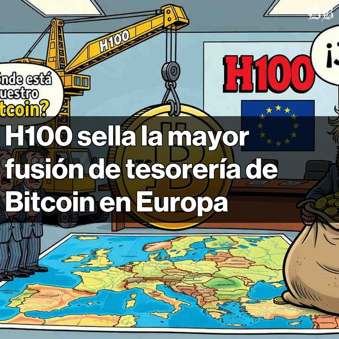 A cartoon-style graphic showing a construction crane lifting a giant Bitcoin over a map of Europe, with Spanish text reading 'H100 sella la mayor fusión de tesorería de Bitcoin en Europa'.