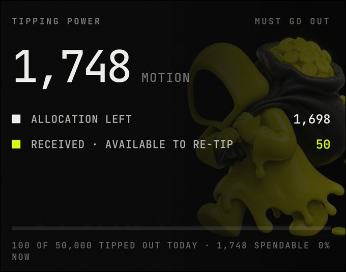 A crypto dashboard showing 'Tipping Power' of 1,748 MOTION tokens, with 1,698 allocation left and 50 received/available to re-tip, featuring a grim reaper cartoon character.