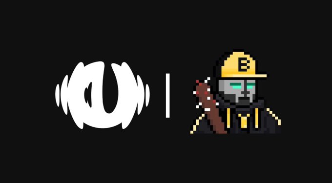 Black graphic featuring a white stylized sound wave logo next to a pixel art character wearing a hard hat with the letter 'B' and holding a pickaxe.