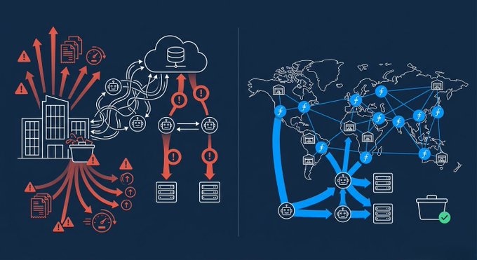 The image contrasts chaotic, overflowing data flows from a fragmented enterprise system (left, shown with tangled arrows and multiple file icons) with an organized global network connecting nodes across a world map (right, depicted with clean lines linking storage points to a central hub). This visual metaphor illustrates the post's point about uncontrolled AI implementation costs versus Filecoin's predictable, no-egress storage pricing model.
