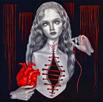 The user wants a concise 1-2 sentence caption describing the image.
I need to identify key visual elements:
- A pale, doll-like figure with long wavy hair.
- The figure's torso is stitched open, revealing a black void inside, laced with red thread.
- The figure holds a realistic, bright red anatomical heart in one hand.
- Red, blood-like drips or threads hang down from the top of the frame.
- Text is visible in red at the top: "DON'T", "FAYE", "YAN", "ANYMARE" (or similar stylized text). Wait, looking closer at the text:
    - Left side: "DON" (top), "FAYE" (below it). Actually, it looks like "DON'T" is cut off, maybe "FAYE" is part of a name. Let's look at the right side.
    - Right side: "YAN" (top), "ANYMARE" (below it). Wait, let me re-examine.
    - Top left: "DON" (vertical red text). Below it "FAYE".
    - Top right: "YAN" (vertical red text). Below it "ANYMARE".
    - Actually, looking very closely at the red text:
        - Left column: "DON" (top), "FAYE" (middle). It looks like "DON'T FAYE" or similar.
        - Right column: "YAN" (top), "ANYMARE" (middle).
    - Let's look at the prompt's provided text: "Happy #TEZOSTUESDAY Frens My available Editions in @objktcom After You! 8.8 Eye Within 10.5 A Home 9.2 Within 4 Walls 12.5". This text is *not* in the image itself. The prompt asks me to describe the image and include key text *visible* in it. The prompt *also* provides a post text which seems to be context (maybe the caption for the post containing this image). I should focus on the image text.
    - Let's re-read the red text in the image carefully.
        - Far left: "DON" (vertical).
        - Next to it: "FAYE" (vertical).
        - Far right: "YAN" (vertical).
        - Next to it: "ANYMARE" (vertical).
    - Wait, let's look at the letters again.
        - Left side: "DON" is at the top. "FAYE" is below it.
        - Right side: "YAN" is at the top. "ANYMARE" is below it.
    - Actually, looking at the layout, it looks like "DON'T FAYE" and "YAN ANYMARE"? No, that doesn't make sense.
    - Let's look at the letters again.
        - Left: "DON" (top), "FAYE" (below).
        - Right: "YAN" (top), "ANYMARE" (below).
    - Let's try to parse it as a name. "DON'T FAYE"? "YAN ANYMARE"?
    - Maybe it's "DON'T FAYE" and "YAN ANYMARE".
    - Let's look at the letters "YAN" and "ANYMARE". "YAN" could be "YAN" or part of "ANY". "ANYMARE" looks like "ANY" + "MARE".
    - Let's look at the left side. "DON" + "FAYE". "DON'T" + "FAYE"?
    - Actually, let's look at the whole thing. "DON'T FAYE" -> "Don't Faye"? Or "Don't Fade"?
    - "YAN ANYMARE" -> "Yan Anymare"?
    - Let's look at the prompt again. "Include any key text, numbers, tickers or names visible."
    - The text is stylized red font.
    - Left side: "DON" (top), "FAYE" (below).
    - Right side: "YAN" (top), "ANYMARE" (below).
    - Wait, looking really closely at crop 1 and 2.
    - Crop 1: "DON" (top left), "FAYE" (below it).
    - Crop 2: "YAN" (top right), "ANYMARE" (below it).
    - So the text is likely "DON'T FAYE" and "YAN ANYMARE" or similar. Let's assume it's stylized text.
    - Actually, looking at the spacing, it looks like "DON" is separate. "FAYE" is separate.
    - Let's look at the right side. "YAN" is separate. "ANYMARE" is separate.
    - Let's assume the text is "DON'T FAYE" and "YAN ANYMARE" is incorrect.
    - Let's look at the letters again.
    - Left: "DON" (vertical). "FAYE" (vertical).
    - Right: "YAN" (vertical). "ANYMARE" (vertical).
    - Wait, is it "DON'T" and "FAYE"? And "YAN" and "ANYMARE"?
    - Let's look at the letters "YAN" and "ANYMARE". "YAN" could be "YAN". "ANYMARE" could be "ANY" + "MARE".
    - Maybe the text is "DON'T FAYE" and "YAN ANYMARE".
    - Let's look at the prompt's provided text again: "Happy #TEZOSTUESDAY Frens My available Editions in @objktcom After You! 8.8 Eye Within 10.5 A Home 9.2 Within 4 Walls 12.5". This text is NOT in the image. The prompt says "Include any key text... visible". So I should only mention text visible in the image.
    - Visible text: "DON", "FAYE", "YAN", "ANYMARE".
    - Wait, let me look at the full image again.
    - Top left: "DON" (red, vertical). Below it "FAYE"