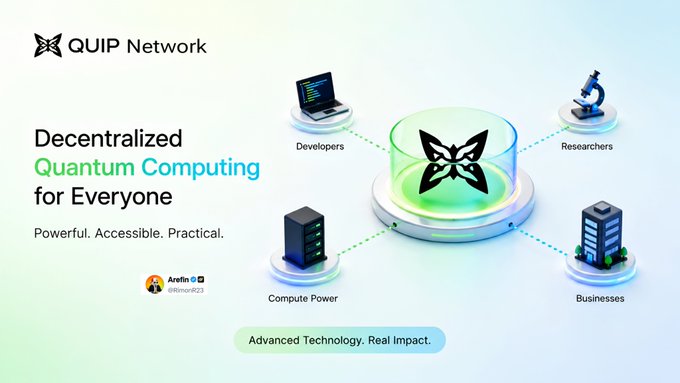 A promotional graphic for QUIP Network featuring a central butterfly logo connected to four nodes labeled "Developers," "Researchers," "Compute Power," and "Businesses," with the tagline "Decentralized Quantum Computing for Everyone — Powerful. Accessible. Practical." The image visually reinforces the post's message by illustrating how QUIP Network's decentralized model connects key stakeholders—developers, researchers, compute resources, and businesses—in a unified ecosystem that democratizes access to quantum computing beyond costly centralized infrastructure.