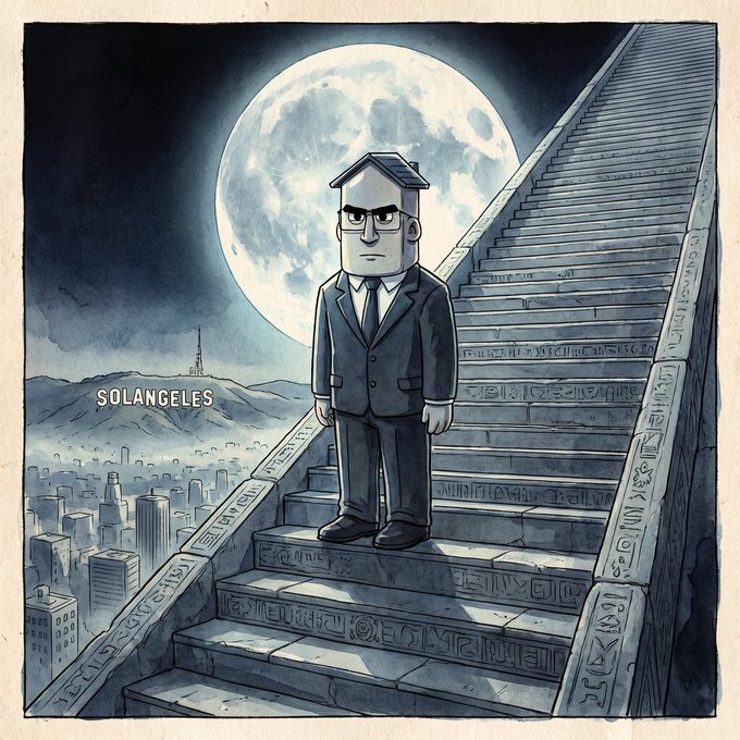 A stern, block-headed man in a suit stands atop a giant stone staircase ascending toward a glowing full moon, with the cityscape below labeled "SOLANGELES." The image evokes "Solangeles" as a monumental, otherworldly gathering place where AI creators rise above the crypto world to cover news, ecosystems, and traders.