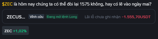 A screenshot of a chat discussing $ZEC's potential recovery to the 1.575$ level, showing a price gain of +1.02% alongside an open Long position with an unrealized loss of -1,555.70 USDT on the exchange ZECUS.