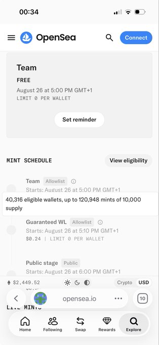 A screenshot of the OpenSea mobile website showing mint schedule details for a collection called "Team" with 40,316 eligible wallets and 120,948 mints of 10,000 supply.