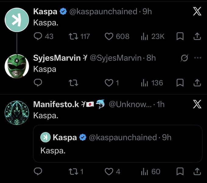 A screenshot of X (formerly Twitter) replies to @kaspaunchained, where users @SyjesMarvin and @Unknow... simply reply 'Kaspa' to the original post 'Kaspa.'
