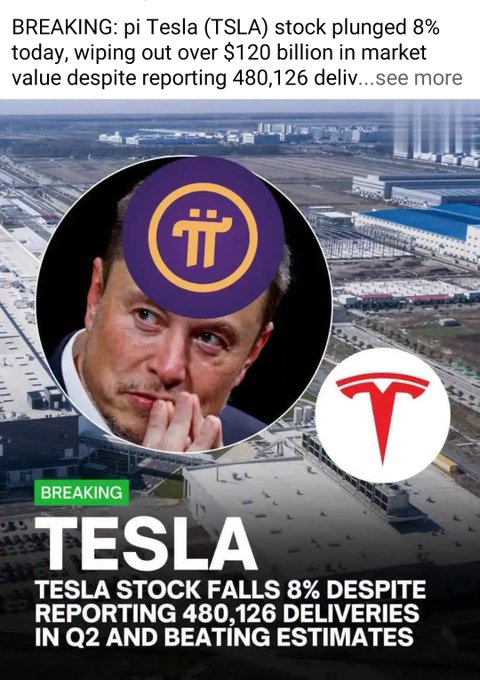 The image is a news-style graphic showing a pensive Elon Musk alongside the Pi Network logo and the Tesla logo, with headlines announcing that TSLA stock fell 8% and erased over $120 billion in market value despite Tesla reporting 480,126 Q2 deliveries that beat estimates.

The post mocks Pi Network supporters by suggesting they "mumu pass" (fall for scams) by being scammed by GCV (Global Consensus Value) promoters, implying the dramatic $120 billion market cap figure in the image is a fantasy akin to Pi's hype-driven valuation promises.