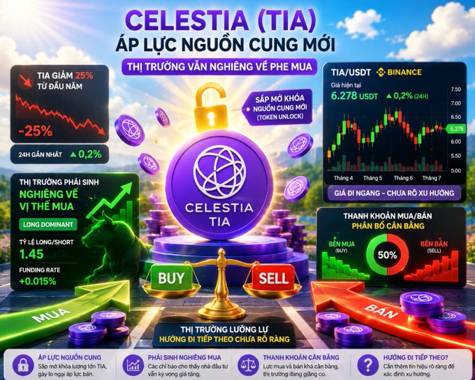 A colorful market analysis graphic for Celestia (TIA) cryptocurrency includes charts, a balance scale, and Vietnamese text discussing 'ÁP LỰC NGUỒN CUNG MỚI' (new supply pressure) with buy/sell indicators.
