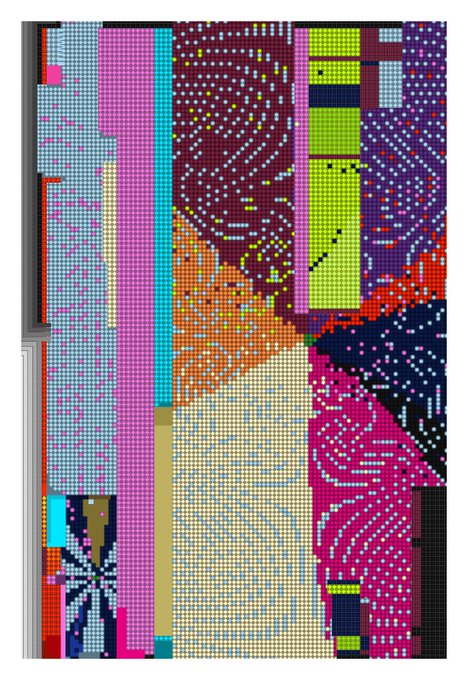 A colorful, abstract digital artwork with a grid-like, pixelated structure featuring vertical stripes of pink, green, and purple with swirling dot patterns.